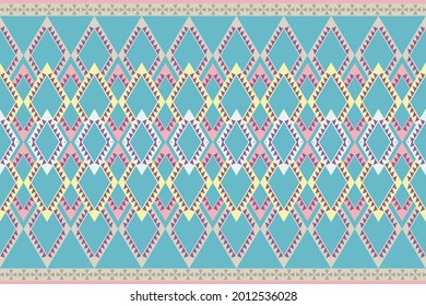 Squares, diamonds, blue, yellow, pink, cream on a blue background.