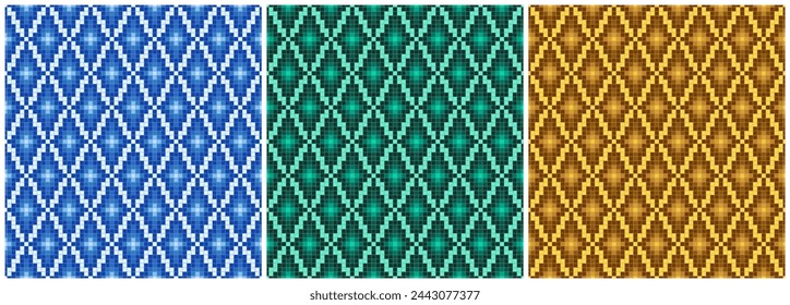 Squares and Diamonds mosaic pattern set Blue Green Yellow Pixel art seamless vector design.