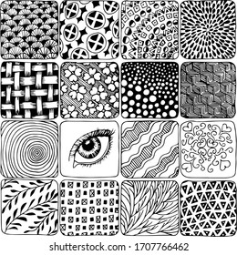 Squares with different patterns inside. Different patterns divided into squares. For printing on fabric.