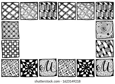 Squares with different patterns inside. Tiles with illustrations.