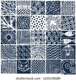 Squares with different patterns inside. Tiles with illustrations.