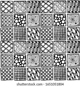Squares with different patterns inside. Tiles with illustrations.
