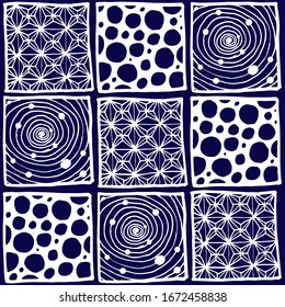 Squares with different patterns inside. Tiles with illustrations.
