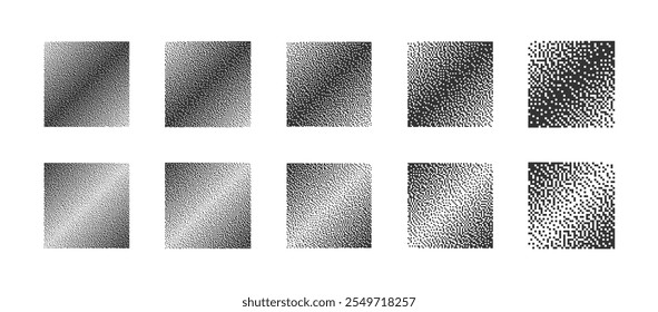 Squares With Different Resolution of Bitmap Dither Tilted Gradient Vector Set Isolated On White Background. Retro Technology 8 Bit Pixel Art Style Graphical Design Element Bundle with Various Textures