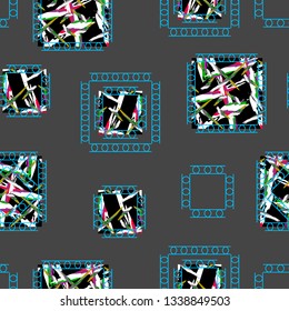 squares of different sizes and blue ornaments on a gray color