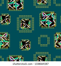 squares of different sizes and golden ornaments on a dark blue color