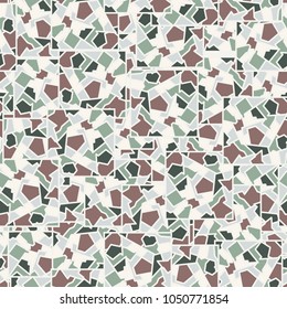 The squares are divided into multi-colored areas and arranged in random order. Unique camouflage for fashionable things.