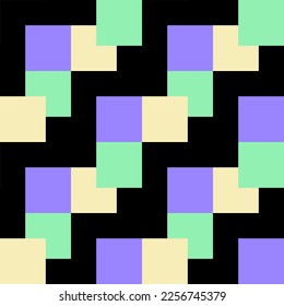 Quadriert geometrisches nahtloses Muster. Retro helle Quadrate auf schwarzem Hintergrund. Pattern Pop-Stil 90 Jahre.