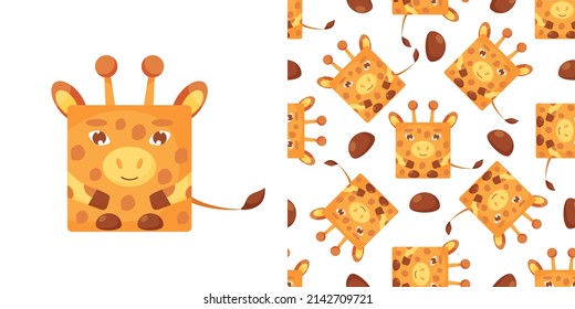 Squares giraffe Seamless pattern. Vector Background with the faces of giraffe. Template for the packaging, baby textile.