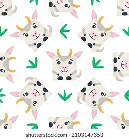 Squares goat Seamless pattern. Vector Background with the faces of goat. Template for the packaging, baby textile