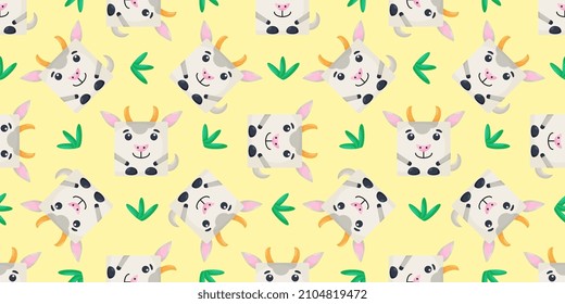 Squares goat Seamless pattern. Vector Background with the faces of goat. Template for the packaging, baby textile
