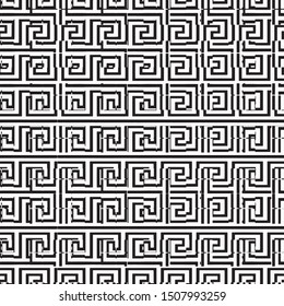 Squares greek black and white vector seamless pattern. Ornamental checkered radial background. Repeat abstract monochrome backdrop. Greek key meander plaid ornaments. Modern decorative geometry design