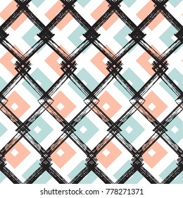 Squares and Grid Paint Brush Strokes Seamless pattern. Vector Abstract Grunge background