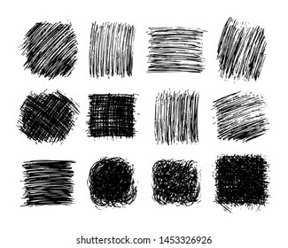 Squares hand drawn scribble big set. Set of abstract monochrome doodle stains isolated on white background. Vector illustration
