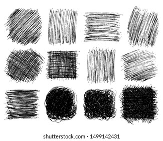 Squares hand drawn scribble big set. Set of abstract monochrome doodle stains isolated on white background. Vector illustration