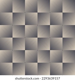 Squares with Hatching Seamless Pattern Op Art Psychedelic Geometric Abstract Background. Optical Illusion Repetitive Graphic Wallpaper. Striped Halftone Art Checkered Structure Continuous Abstraction