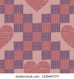 Squares and Heart Hatched Background Vector Seamless
