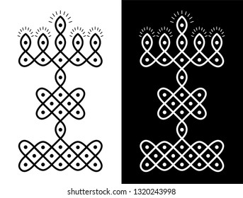Squares, Lamps, Curved lines and Dots - Indian Traditional and Cultural Rangoli, Alpona, Kolam or Paisley Vector Line art with dark and white background