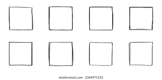 Squares line, grunge vector set in sketch style. Frames outline in hand drawn style. Continuous line square shape for web, social networks.