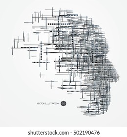 A lot of squares make up the head of the thinker, technical illustrations.