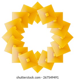 Squares of multiple fine lines drawn diffusing into the circle and touches of color transition is the background