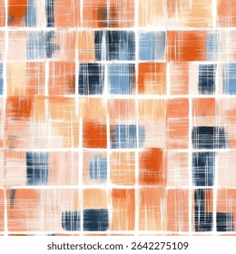 Squares in orange, blue, and white with an abstract plaid, grunge lines ikat pattern, ikat seamless pattern, Vector illustration background for print the paper.