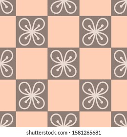 Squares and outlines of simple flovers. Vector Seamless pattern. Three colors are used. For fabrics, covers and other surfaces.