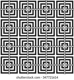 Squares Pattern. Ceramics Seamless Pattern. Ethnic background. Zigzag pattern. Geometric background. Abstract Black and White Background.Tiled textile pattern.Grid background.Vector Regular Texture.