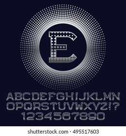 Squares patterned silver letters and numbers with E initial monogram. Beautiful font for logo design. Isolated english alphabet, figures.