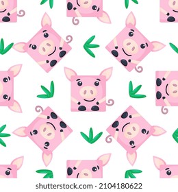Squares pig Seamless pattern. Vector Background with the faces of pig. Template for the packaging, baby textile