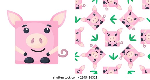 Squares pig Seamless pattern. Vector Background with the faces of pig. Template for the packaging, baby textile. Vector illustration