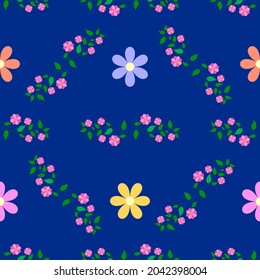 Squares of pink flower twigs on a blue background. Decorative colorful elegant romantic seamless pattern for decor, wallpaper, fabric, prints, etc. Abstract fashion texture. Vector illustration