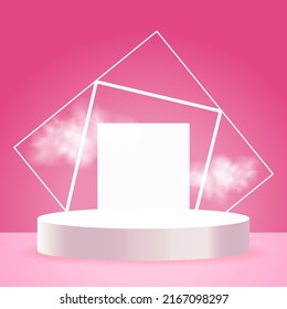 Squares and podium with rhombus frame standing on pink pastel background. 3d pedestal for product vector illustration. Scene with glitter glowing rectangle. Abstract realistic decoration.
