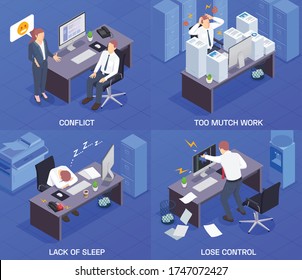 Squares problem situations at work isometric icon set with conflict too much work lack of sleep and lose control descriptions vector illustration