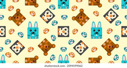 Squares rabbit, penguin, bear Seamless pattern. Vector Background with the faces of rabbit, penguin, bear. Template for the packaging, baby textile