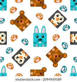 Squares rabbit, penguin, bear Seamless pattern. Vector Background with the faces of rabbit, penguin, bear. Template for the packaging, baby textile