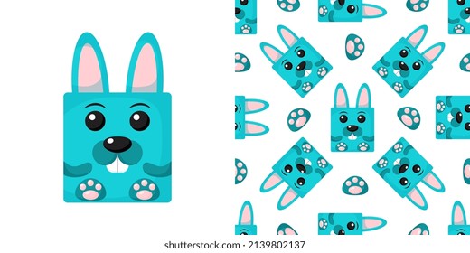 Squares Rabbits Seamless pattern. Vector Background with the faces of Rabbits. Template for the packaging, baby textile. 