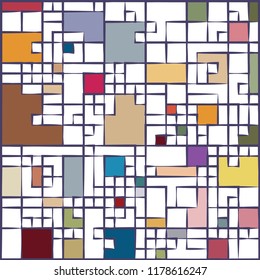 Squares random remastered, retaining strict grid like order, creating modern, geometrical pattern