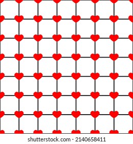 Squares and red hearts. Seamless and repeating pattern with crossed thin lines. Editable vector background.