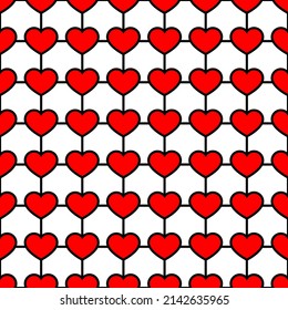 Plätze und rote Herzen. Nahtloses und sich wiederholendes Muster mit gekreuzten Linien. Bearbeitbarer Vektorhintergrund.