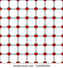 Squares and red hearts. Seamless and repeating pattern with crossed thin lines. Editable vector background.