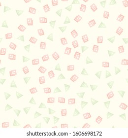 Squares with a red stroke and triangles with a green stroke arranged in a chaotic order