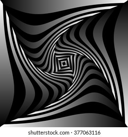 Squares with rotating distortion abstract monochrome vector graphic.