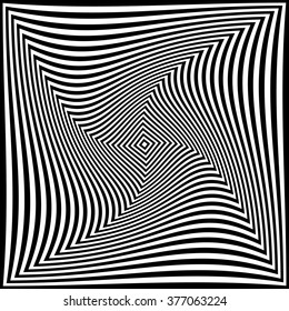 Squares with rotating distortion abstract monochrome vector graphic.