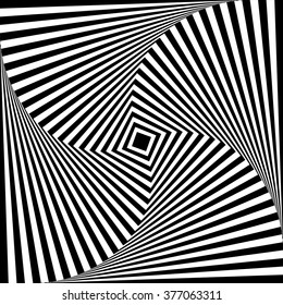 Squares with rotating distortion abstract monochrome vector graphic.