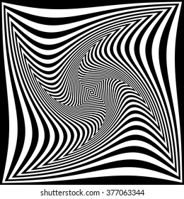 Squares with rotating distortion abstract monochrome vector graphic.