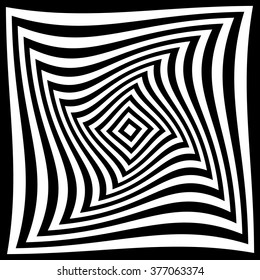 Squares with rotating distortion abstract monochrome vector graphic.