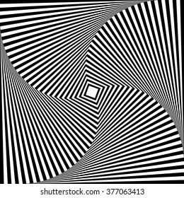 Squares with rotating distortion abstract monochrome vector graphic.