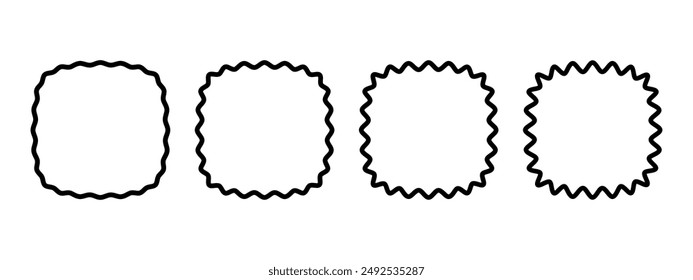 Squares with rounded corners or squircles with wavy borders. Simple wiggly geometric shapes isolated on white background. Curvy design elements, labels, tags or boxes. Vector graphic illustration.