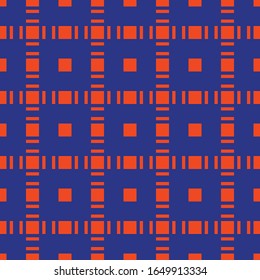 Squares seamless pattern. Abstract geometric texture with small square shapes in regular grid. Trendy colors, neon orange and blue. Simple modern minimal ornament. Stylish background. Repeat design